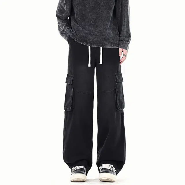 棉基因 美式高街水洗做旧复古磨白宽松简约直筒舒适垂感时尚潮流百搭牛仔裤 男女同款