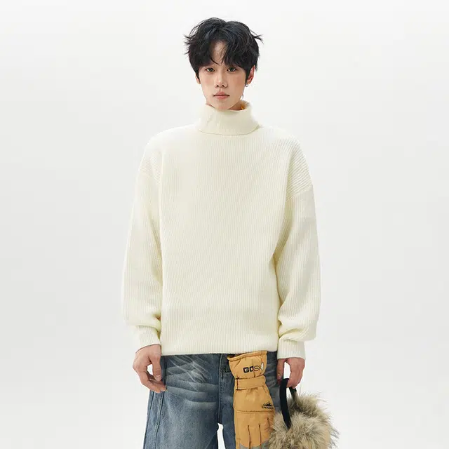 棉基因 美式学院文艺风高级感针织纹理纯色简约长袖立领套头上衣保暖舒适柔软宽松休闲毛衣 男女同款