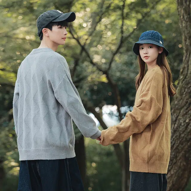 棉基因 文艺风不规则菱形格结构设计款针织长袖圆领上衣时尚高街潮流百搭宽松休闲毛衣 男女同款