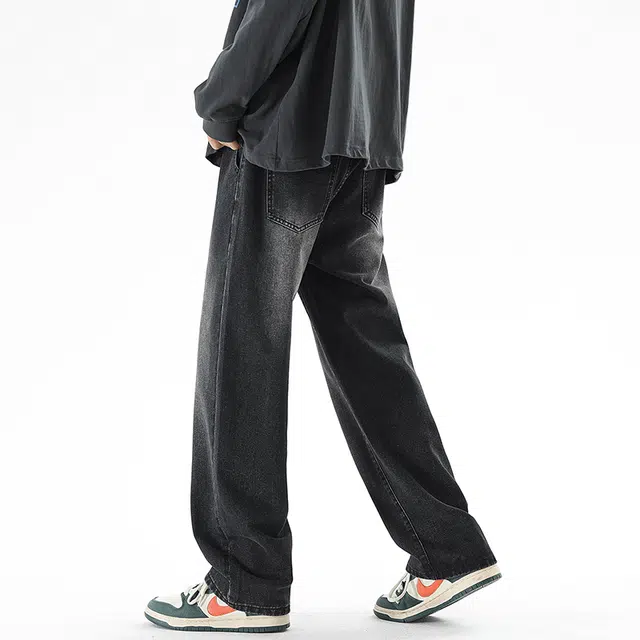 棉基因 美式高街复古磨白水洗做旧宽松直筒垂感百搭休闲简约基础款纯色牛仔裤 男女同款