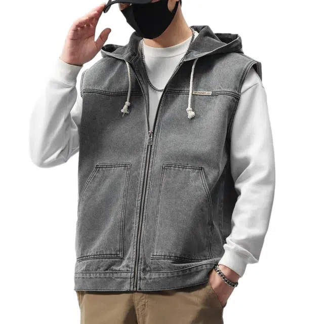 棉基因 美式复古水洗做旧宽松连帽落肩高街潮流时尚简约日常通勤牛仔外套 男女同款