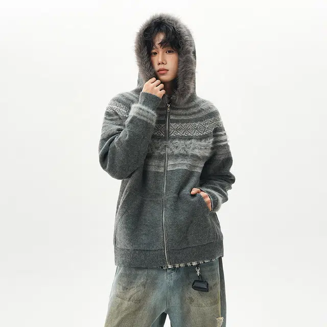 棉基因 费尔岛提花撞色柔软舒适加厚保暖御寒连帽毛领腰果花基础款百搭时尚宽松休闲打底衣针织毛衣 男女同款