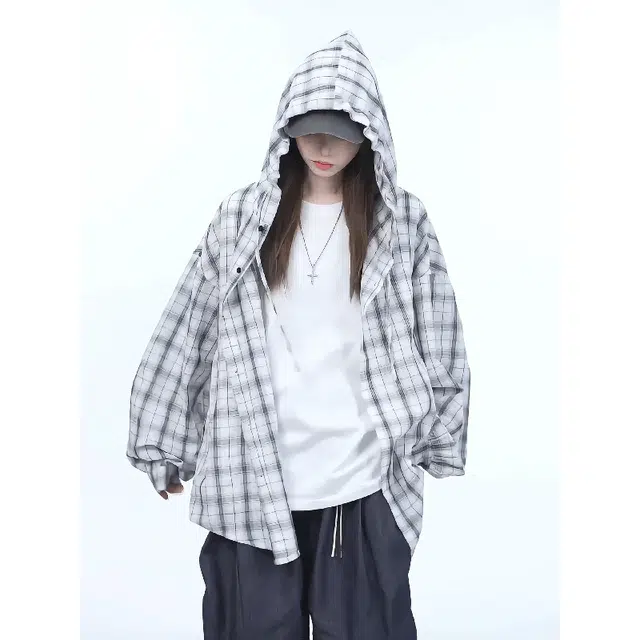 棉基因 空调服轻薄外套美式复古格子防晒服速干连帽潮流搭配上衣夏季长袖衬衫 男女同款