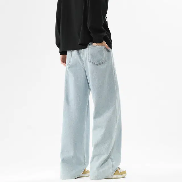 棉基因 美式高街纯色简约基础款宽松直筒垂感百搭日常通勤中腰弹力舒适透气牛仔裤 男女同款