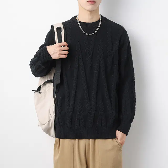 棉基因 纯色不规则提花情侣款秋冬季圆领针织线衫打底衫粗麻花宽松套头加绒加厚毛衣 男女同款
