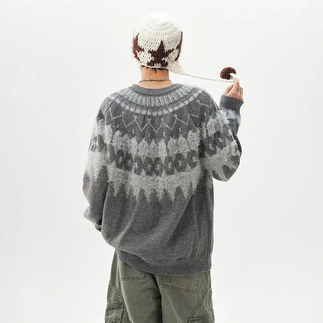 棉基因 费尔岛提花撞色柔软舒适加厚保暖御寒连帽毛领腰果花基础款百搭时尚休闲宽松打底衣针织毛衣 男女同款