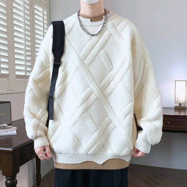 棉基因 美式复古老钱风简约圆领假两件麻花纹理结构设计款宽松保暖打底衫小众情侣秋季穿搭休闲针织毛衣 男女同款