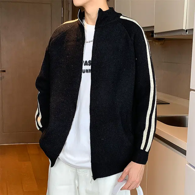 棉基因 美式学院风侧边条纹撞色简约复古潮流纯色基础款百搭线衣针织外套毛衣 男女同款