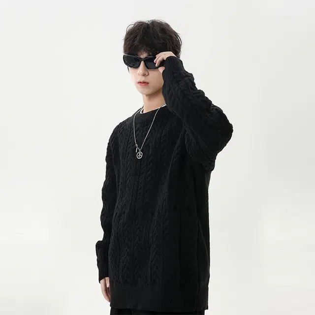 棉基因 文艺风编织肌理感纯色百搭麻花纹理圆领针织上衣结构设计款保暖宽松休闲毛衣 男女同款