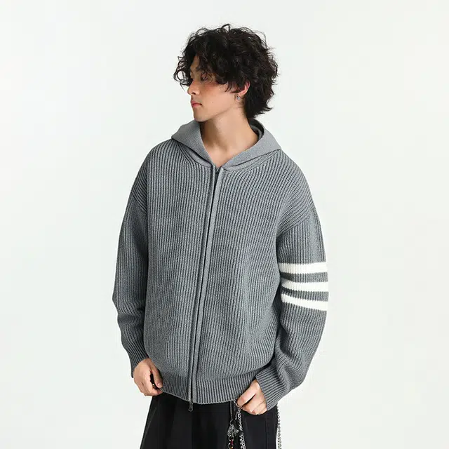 棉基因 文艺风基础款休闲通勤条纹高级感立领双拉链连帽开衫外套设计感慵懒风宽松软糯美式复古中性风廓形潮牌针织衫 男女同款