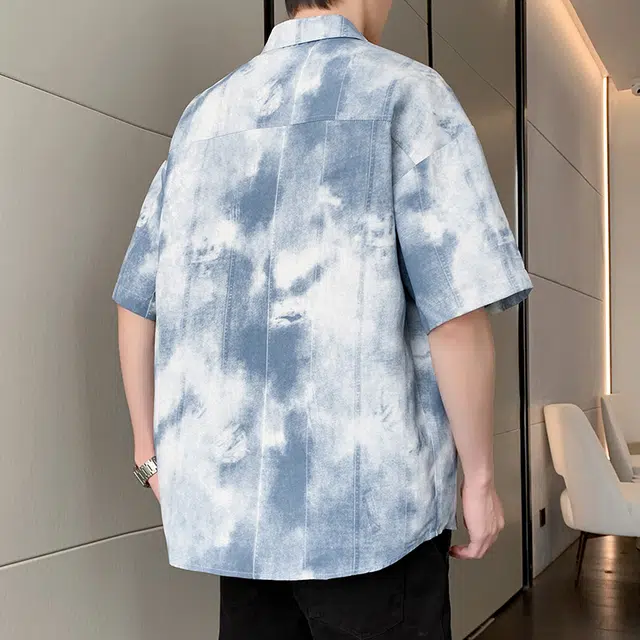 棉基因 美式复古扎染工装度假风凉感防晒半袖衬衣外套短袖衬衫 男女同款