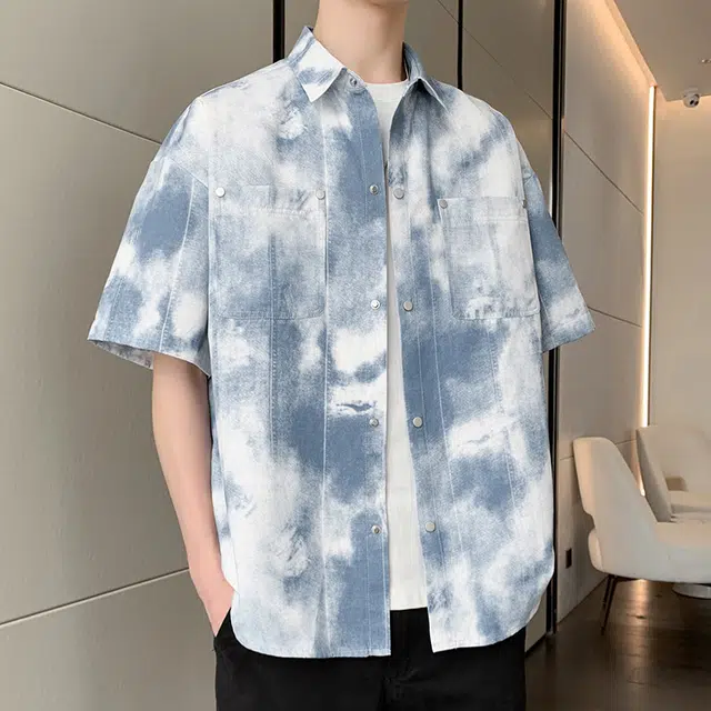 棉基因 美式复古扎染工装度假风凉感防晒半袖衬衣外套短袖衬衫 男女同款