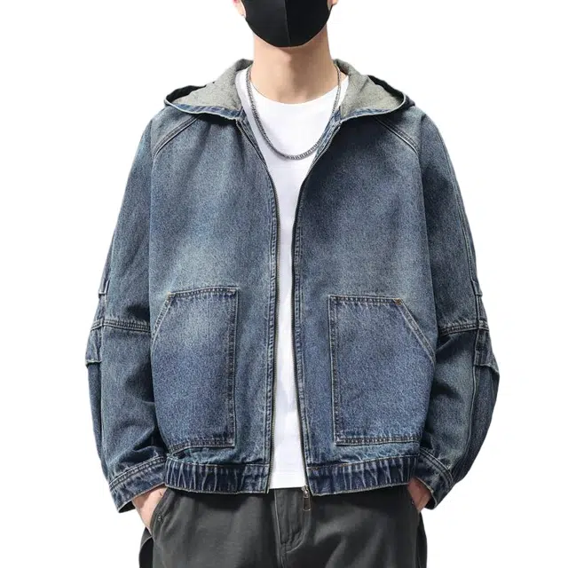 棉基因 复古高街水洗做旧宽松简约连帽落肩时尚百搭日常通勤基础款牛仔外套 男女同款