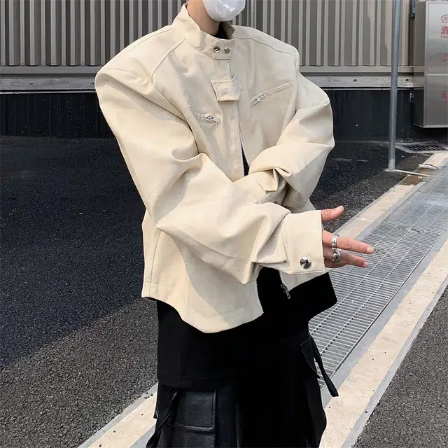 棉基因 美式高街美拉德复古水洗做旧宽松简约短款垫肩设计休闲百搭高级感擦色立领机车服飞行员皮夹克外套 男女同款