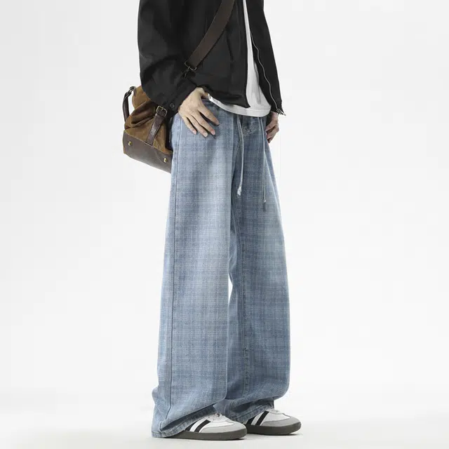 棉基因 美式高街复古格子小众设计宽松直筒休闲垂感简约舒适通勤潮流百搭氛围感牛仔裤 男女同款