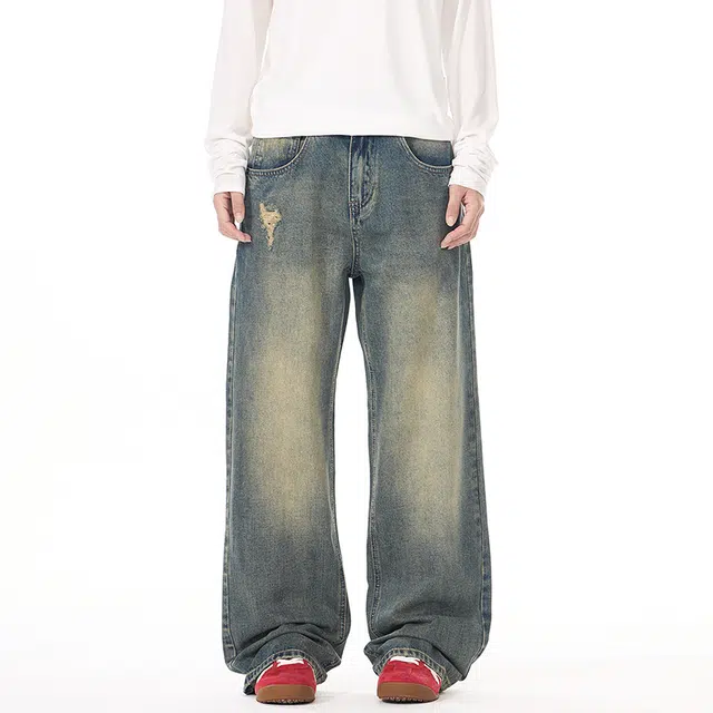 棉基因 美式高街水洗做旧磨破复古废土风宽松简约直筒垂感舒适百搭时尚潮流牛仔裤 男女同款
