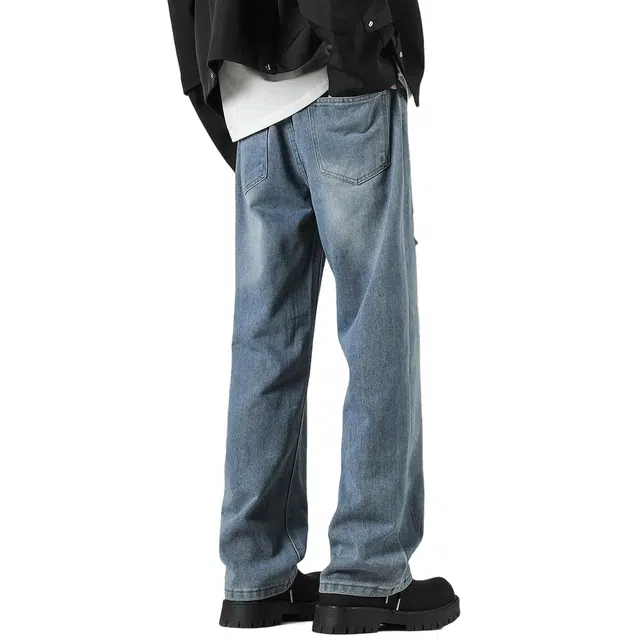 棉基因 破洞复古基础纯色垂感宽松阔腿高街美式做旧水洗休闲运动显瘦街头风牛仔裤 男女同款