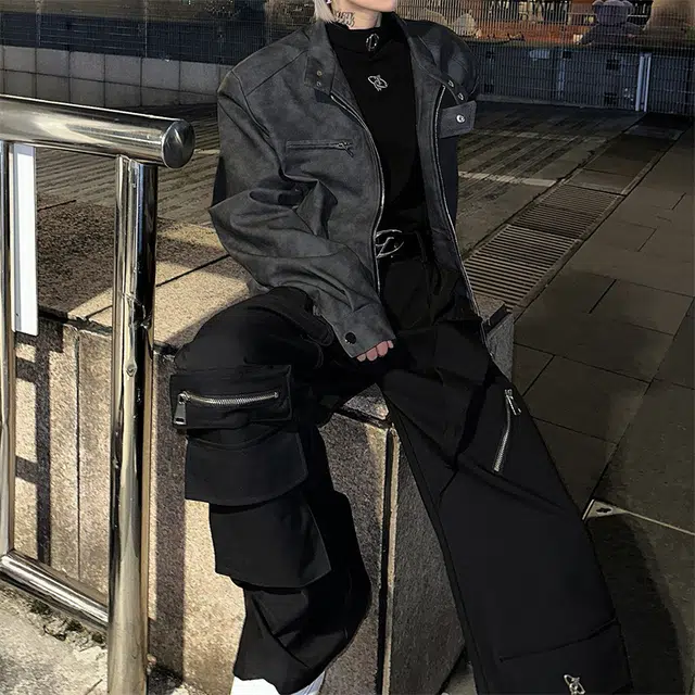 棉基因 美式高街美拉德复古水洗做旧宽松简约短款垫肩设计休闲百搭高级感擦色立领机车服飞行员皮夹克外套 男女同款