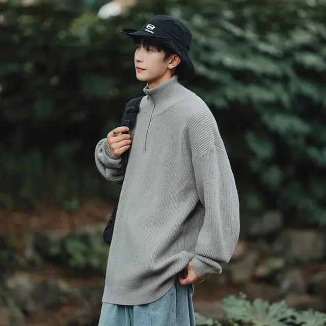 棉基因 美式高级感针织纹理纯色简约长袖立领拉链套头上衣保暖宽松休闲毛衣 男女同款