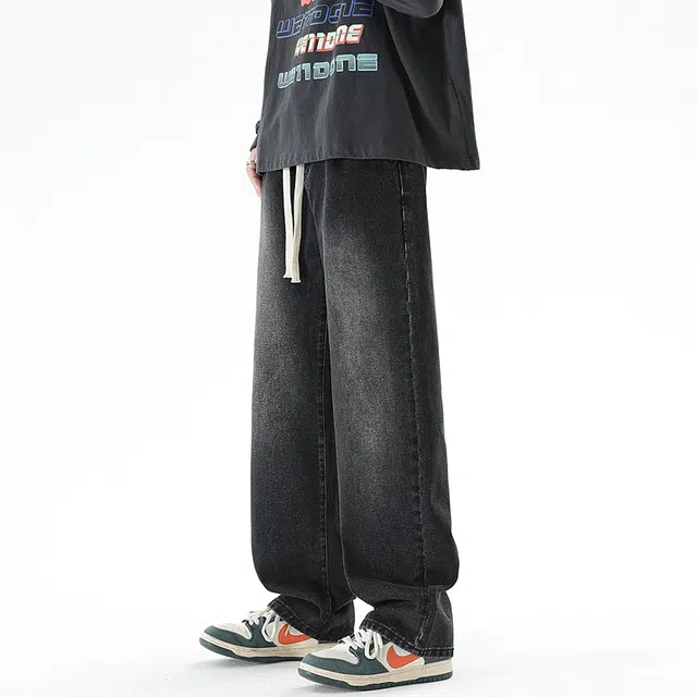 棉基因 美式高街复古磨白水洗做旧宽松直筒垂感百搭休闲简约基础款纯色牛仔裤 男女同款