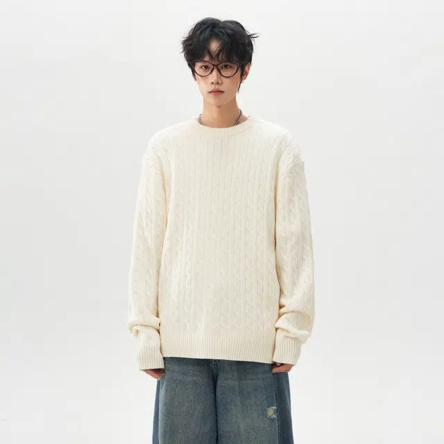 棉基因 文艺风编织肌理感纯色百搭麻花纹理圆领针织上衣不规则结构设计款保暖宽松毛衣 男女同款