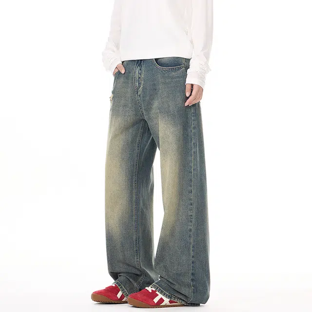 棉基因 美式高街水洗做旧磨破复古废土风宽松简约直筒垂感舒适百搭时尚潮流牛仔裤 男女同款