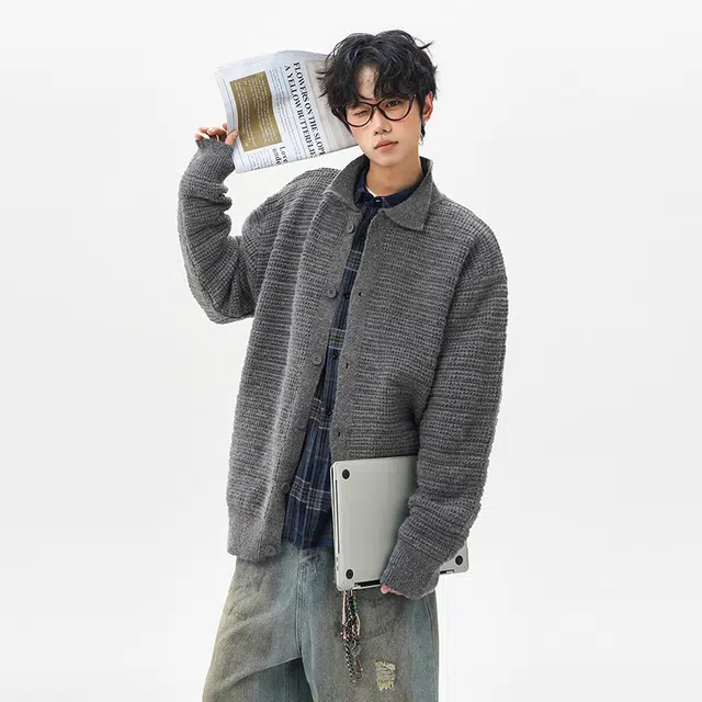 棉基因 老钱风高级感纹理设计款针织开衫时尚百搭简约长袖立领拉链保暖宽松休闲毛衣 男女同款