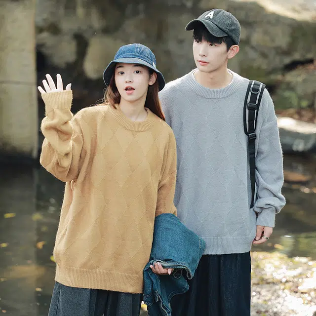 棉基因 文艺风不规则菱形格结构设计款针织长袖圆领上衣时尚高街潮流百搭宽松休闲毛衣 男女同款