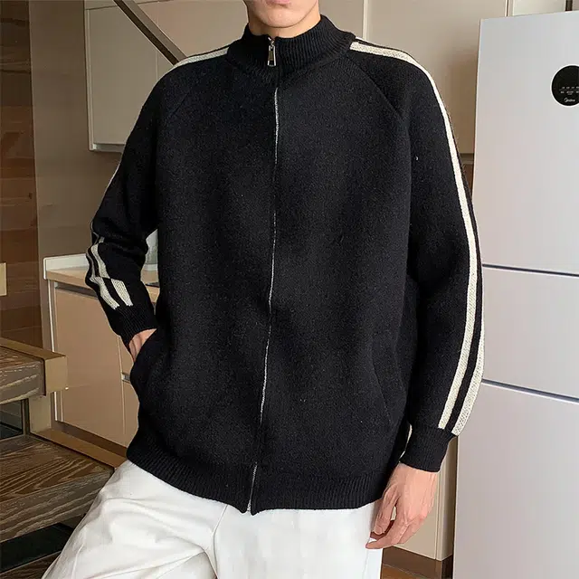 棉基因 美式学院风侧边条纹撞色简约复古潮流纯色基础款百搭线衣针织外套毛衣 男女同款