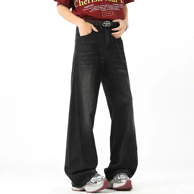 棉基因 复古做旧水洗基础款美式高街舒适亲肤透气通勤百搭挂件修饰微喇直筒牛仔裤 男女同款