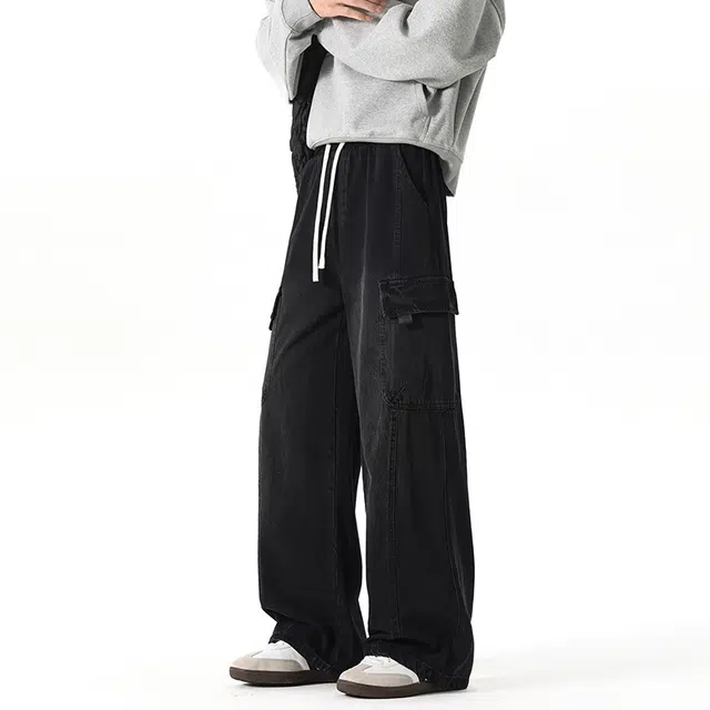 棉基因 美式复古水洗做旧废土风高街休闲拼接简约直筒垂感舒适通勤潮流百搭工装牛仔裤 男女同款