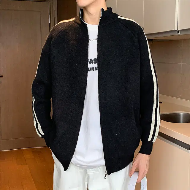 棉基因 美式学院风侧边条纹撞色简约复古潮流纯色基础款百搭线衣针织外套毛衣 男女同款