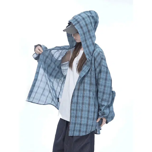 棉基因 空调服轻薄外套美式复古格子防晒服速干连帽潮流搭配上衣夏季长袖衬衫 男女同款