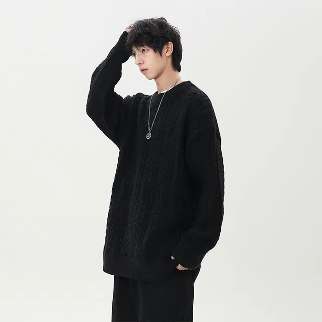 棉基因 文艺风编织肌理感纯色百搭麻花纹理圆领针织上衣结构设计款保暖宽松休闲毛衣 男女同款