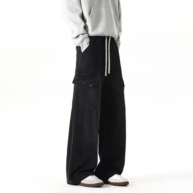 棉基因 美式复古水洗做旧废土风高街休闲拼接简约直筒垂感舒适通勤潮流百搭工装牛仔裤 男女同款