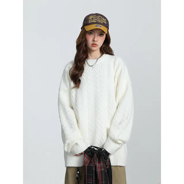 棉基因 文艺风编织柔软舒适肌理感纯色百搭麻花纹理圆领针织上衣不规则结构设计款保暖宽松毛衣 男女同款