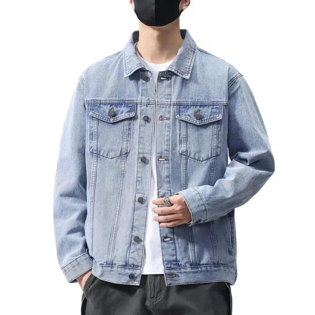 棉基因 复古潮牌简约纯色宽松大码高街水洗做旧休闲百搭日常通勤单排扣透气落肩氛围感翻领牛仔外套 男女同款 六色可选