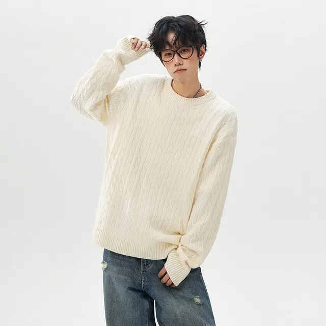 棉基因 文艺风编织肌理感纯色百搭麻花纹理圆领针织上衣不规则结构设计款保暖宽松毛衣 男女同款
