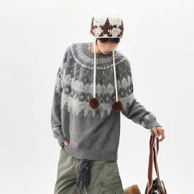棉基因 费尔岛提花撞色柔软舒适加厚保暖御寒连帽毛领腰果花基础款百搭时尚休闲宽松打底衣针织毛衣 男女同款