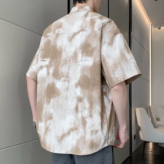 棉基因 美式复古扎染工装度假风凉感防晒半袖衬衣外套短袖衬衫 男女同款
