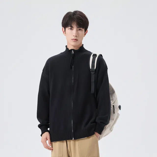 棉基因 学院风立领针织线衣简约基础款纯色夹克外套宽松慵懒风松弛感春秋冬款上衣舒适亲肤双拉头落肩长袖保暖开衫毛衣 男女同款