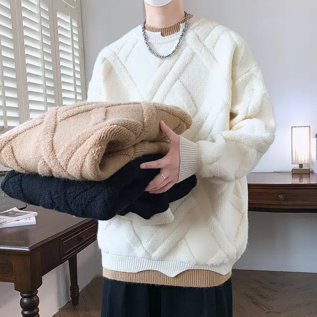 棉基因 美式复古老钱风简约圆领假两件麻花纹理结构设计款宽松保暖打底衫小众情侣秋季穿搭休闲针织毛衣 男女同款