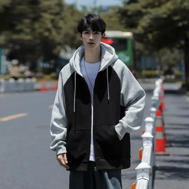 棉基因 美式高街休闲简约拼接复古运动宽松连帽插肩开衫外套卫衣 男女同款