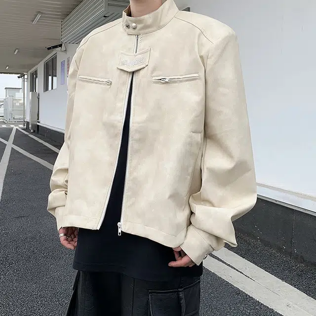 棉基因 美式高街美拉德复古水洗做旧宽松简约短款垫肩设计休闲百搭高级感擦色立领机车服飞行员皮夹克外套 男女同款