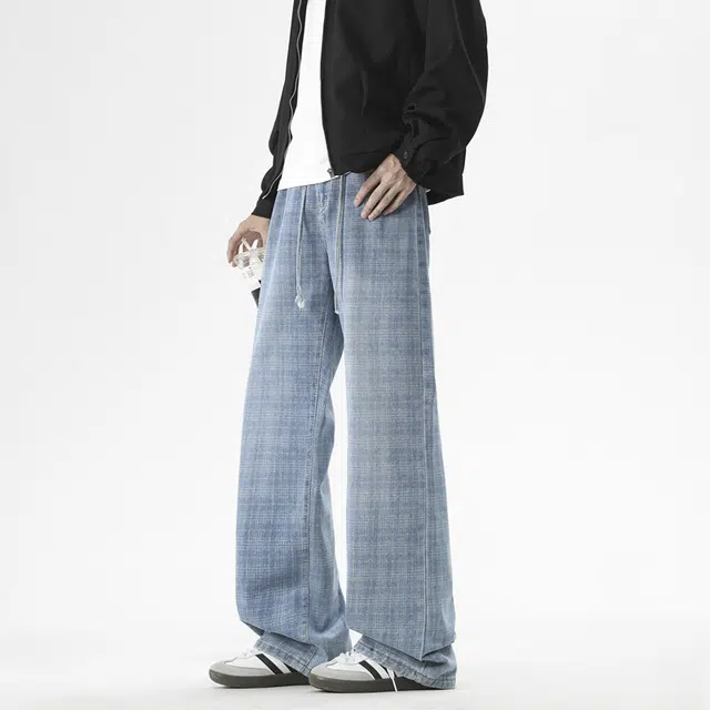 棉基因 美式高街复古格子小众设计宽松直筒休闲垂感简约舒适通勤潮流百搭氛围感牛仔裤 男女同款
