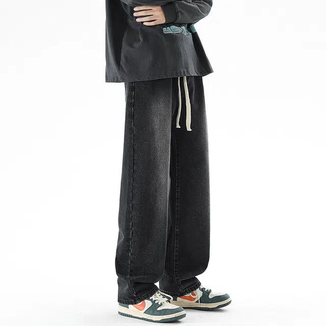 棉基因 美式高街复古磨白水洗做旧宽松直筒垂感百搭休闲简约基础款纯色牛仔裤 男女同款