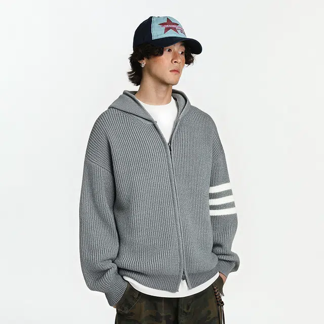 棉基因 文艺风基础款休闲通勤条纹高级感立领双拉链连帽开衫外套设计感慵懒风宽松软糯美式复古中性风廓形潮牌针织衫 男女同款