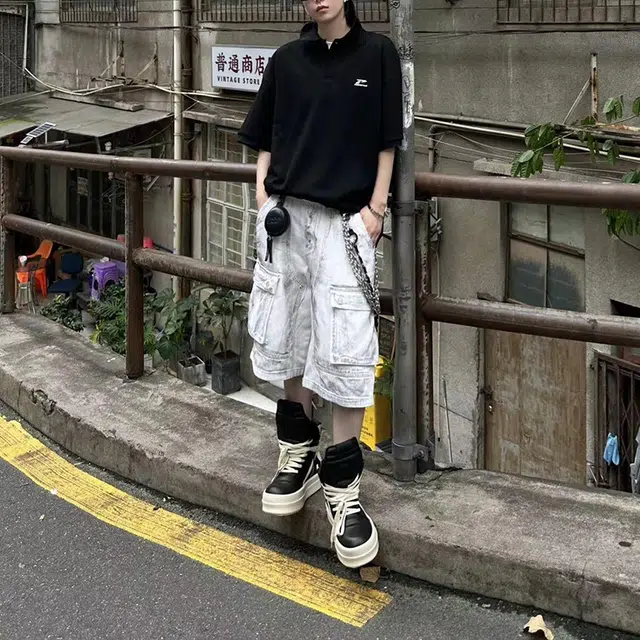 棉基因 美式街头做旧水洗做脏工装牛仔七分裤小众痞帅拼接潮流高品质多口袋宽松休闲短裤 男女同款