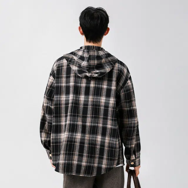 棉基因 美式复古时尚简约拼接撞色格子学院风宽松休闲落肩百搭舒适亲肤透气单排扣开衫衬衫 男女同款