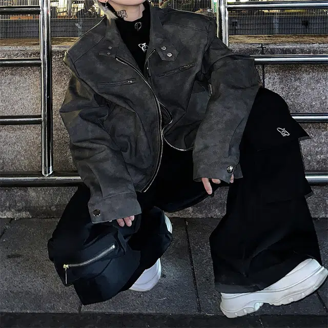 棉基因 美式高街美拉德复古水洗做旧宽松简约短款垫肩设计休闲百搭高级感擦色立领机车服飞行员皮夹克外套 男女同款
